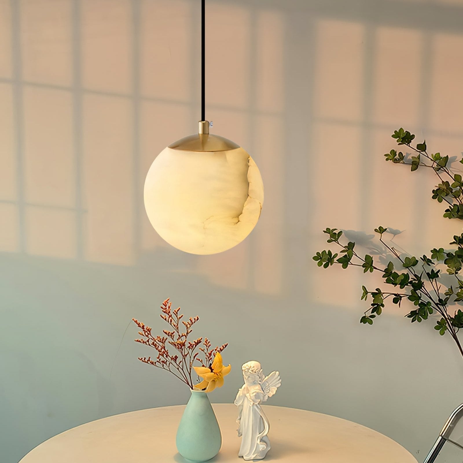 Pendant Light Alabaster Globe 3.9–5.9 in Adjustable Bedroom Dining Hanging Ceiling Lamp Modern Minimalist Stone Fixture | Thomler