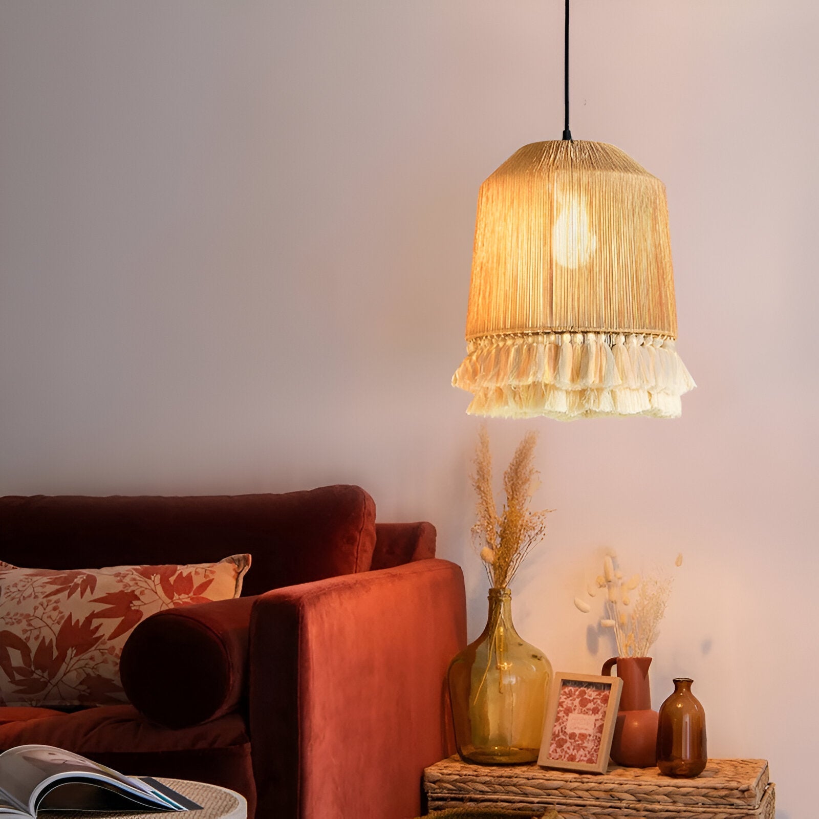 Pendant Light Hemp Rope 19.7 in Bohemian Beige Dining Room Bedroom Tassel Hanging Ceiling Lamp Woven Fabric Shade Ambient Lighting | Thomler