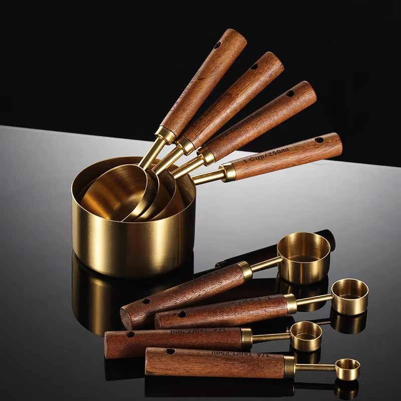 Measuring Cups And Spoons Stainless Steel Oak Wood 240 ml Baking Cooking Kitchen Portion Set | Thomler