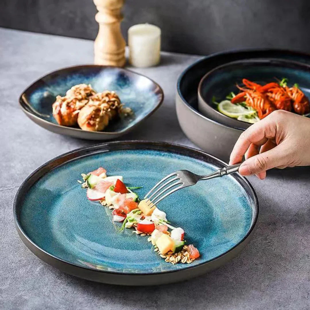Dinnerware Set Porcelain 11-Piece Turquoise 10.5 in Plates Coastal Dining Tableware Service for Family Meals Entertaining | Thomler