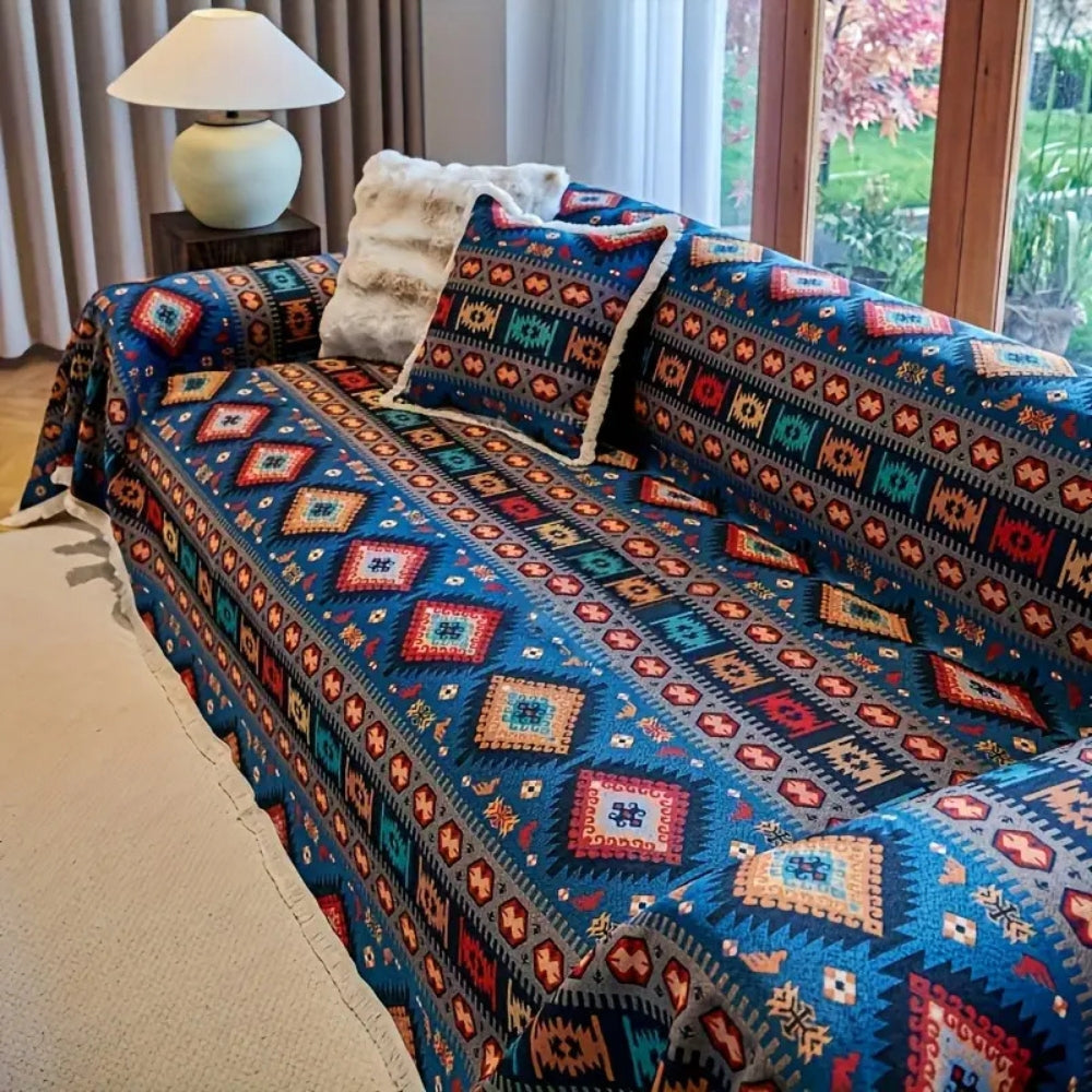 Geometric Throw Blanket for Sofa – Woven Cotton Chenille Couch Cover with Bohemian Pattern for Living Room Furniture | Thomler