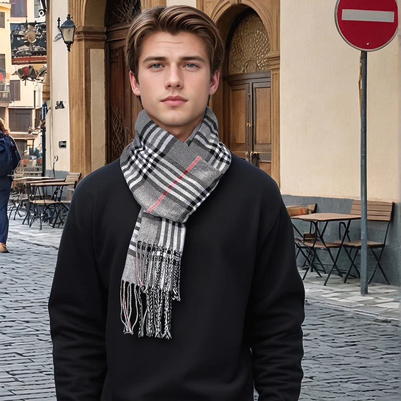 Men's Checkered Cotton-Cashmere Blend Cold-Weather Muffler – Soft, Cozy Neckwear with Tassel Fringe for Winter, Fall & Spring | Thomler