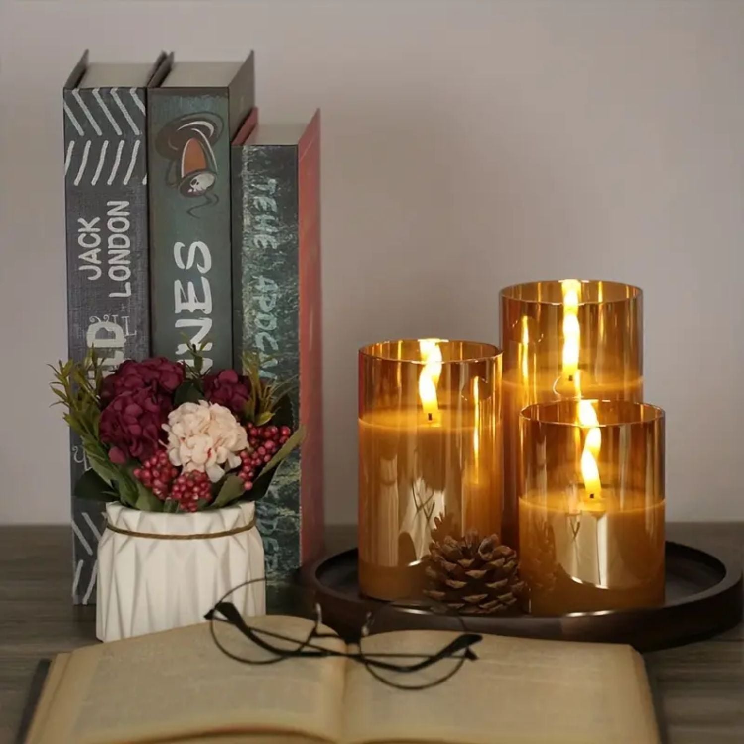 LED Candle Glass Smoke Finish Remote Control Indoor Mood Lighting Flameless Table Decoration Set | Thomler