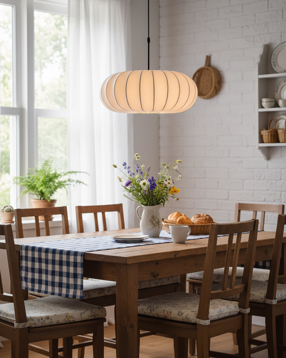 Pendant Lamp Fabric Shade 11.8 in White Rustic Living Room Dining Ceiling Light | Thomler