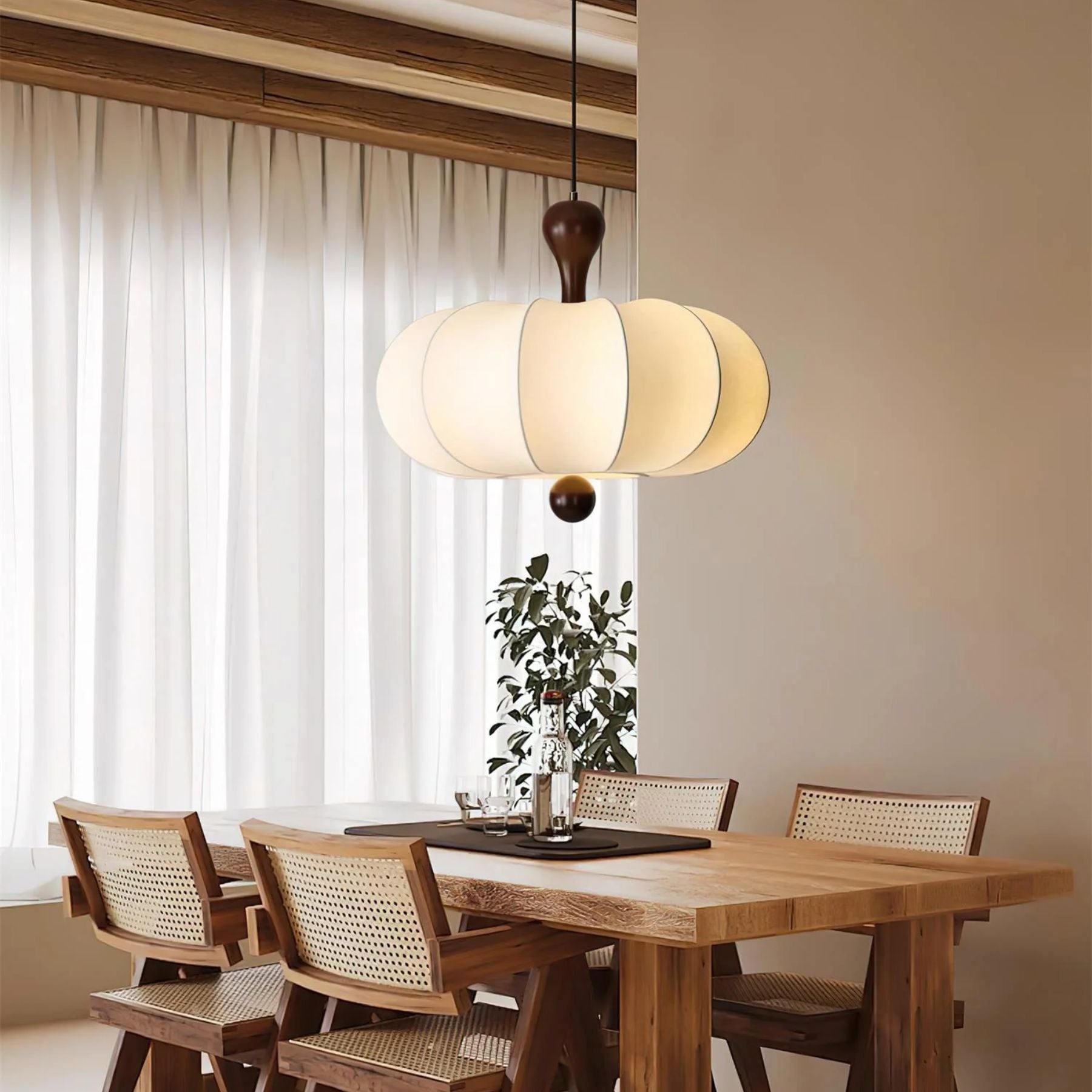 Pendant Light Fabric Walnut Wood White Dining Room Living Room Japandi Scandinavian Hanging Ceiling Lamp | Thomler