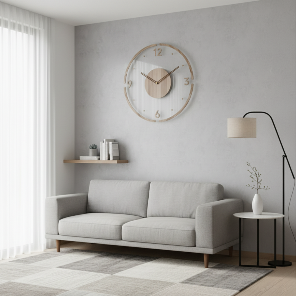 Whisper-Quiet Wall Clock with Wood & Acrylic Face – 12 in Silent Sweep Movement for Living Room, Bedroom & Office | Thomler