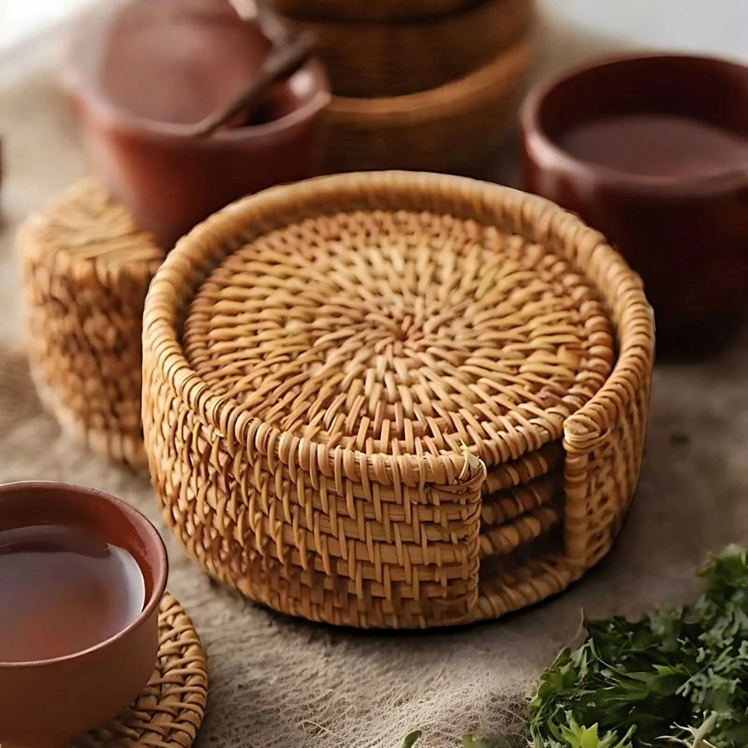 Woven Drink Coaster Set with Storage Holder – Natural Bamboo Finish for Hot & Cold Beverages, Coffee Table Protection | Thomler