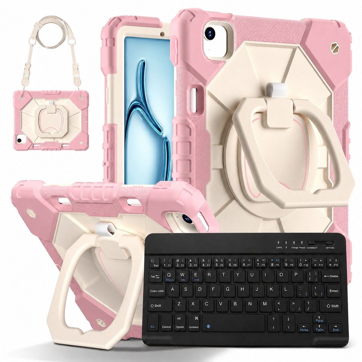 Heavy-Duty iPad Case with Rotating Grip, Kickstand, Shoulder Strap & Wireless Keyboard — Three-Layer Protection for Mac & PC Users | Thomler