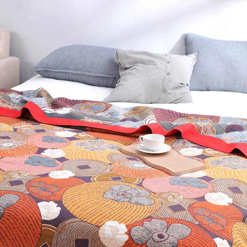 Reversible Cotton Gauze Quilt with Persimmon Pattern - Lightweight Summer Blanket for Bed, Sofa & Travel - Queen, King & Full Sizes | Thomler