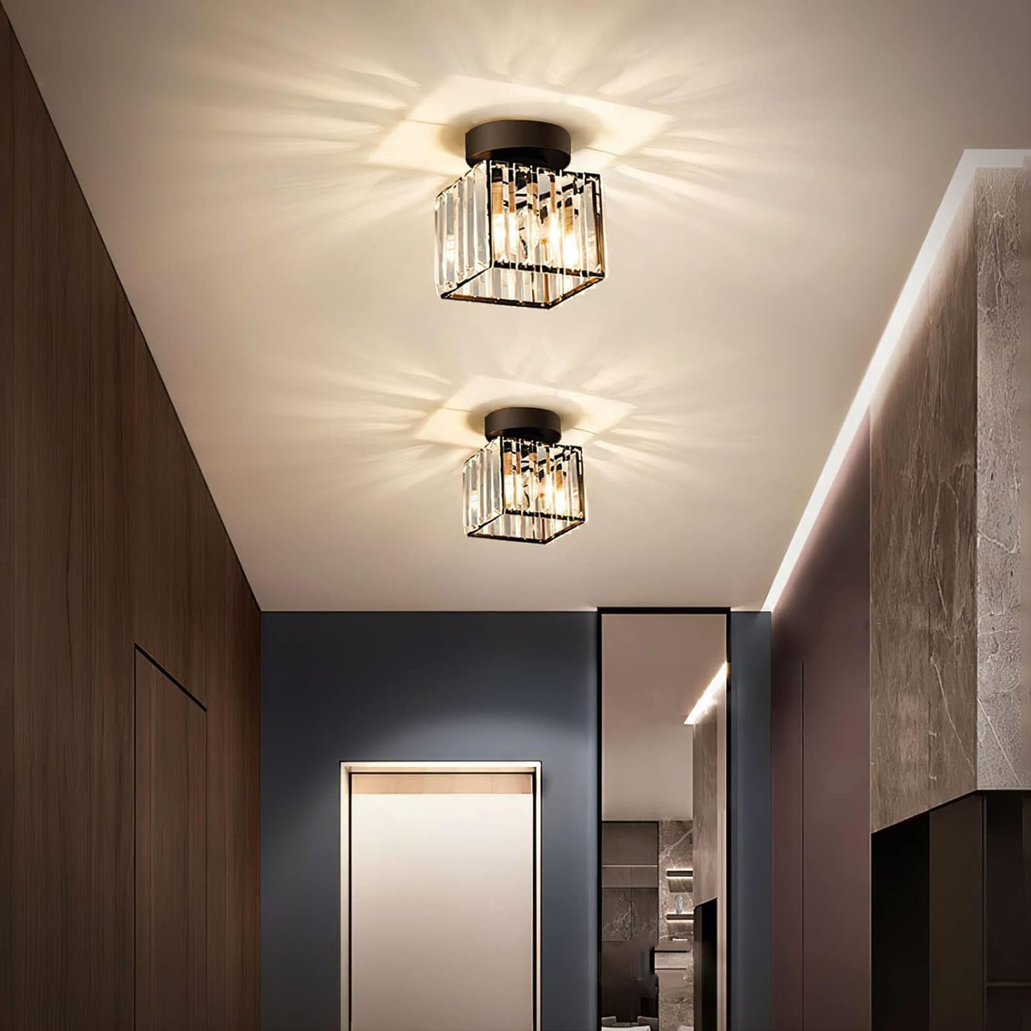 Square Brass Ceiling Light with Crystal Glass Cover – Modern Flush Mount Fixture for Bedroom, Hallway, Living Room & Home Office – E27 | Thomler