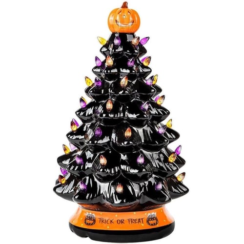 Battery-Powered Ceramic Tree with Purple & Orange Bead Lights – Spooky Holiday Accent for Desktop, Shelf & Mantle | Thomler