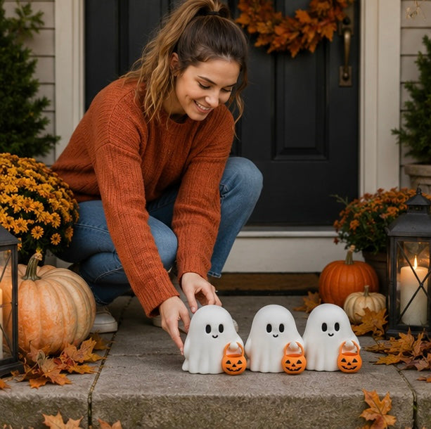 Set of 3 Friendly Spirit Figurines for October Tabletop Display – Resin Mini Statues with Pumpkin Detail | Thomler
