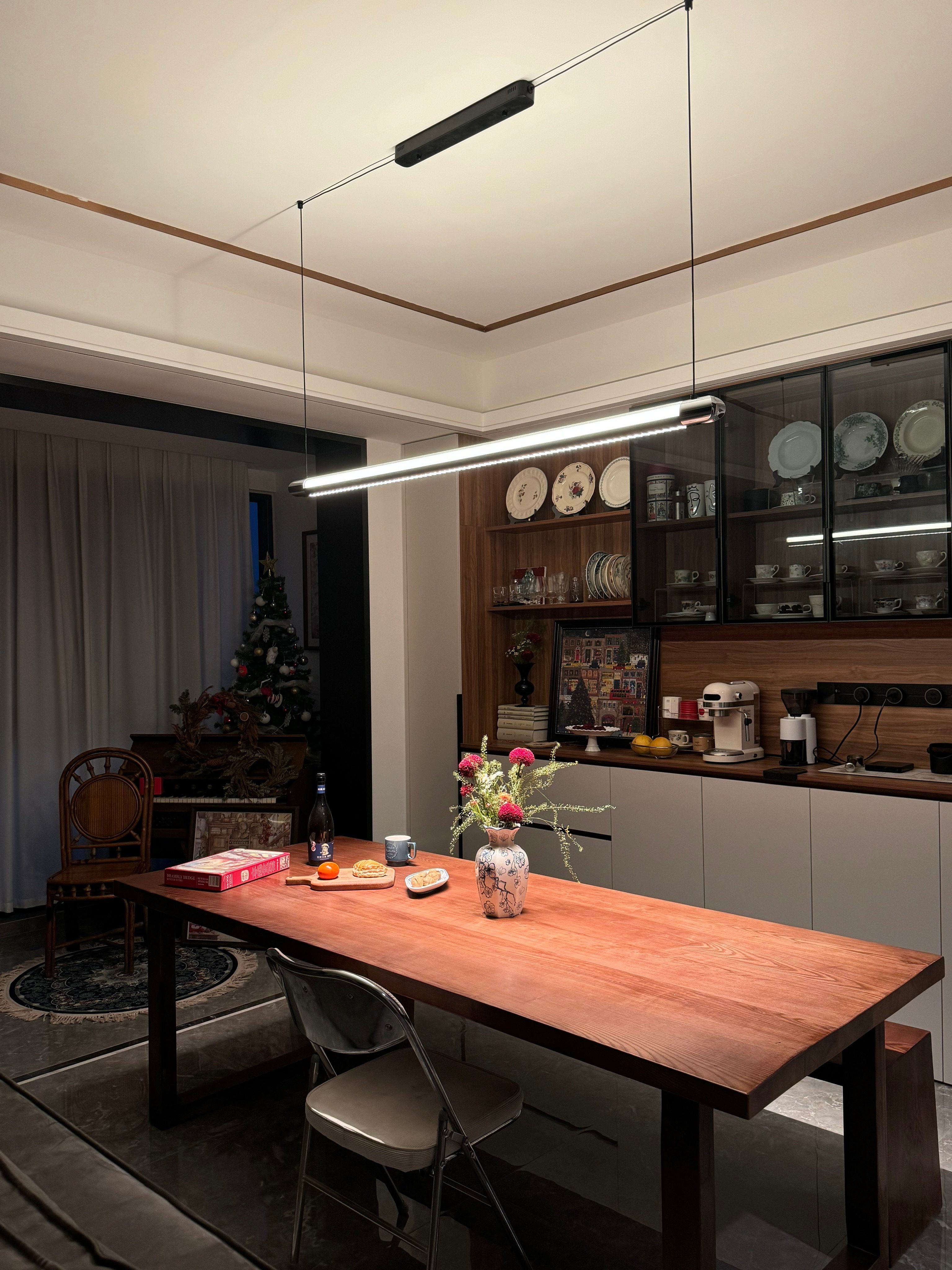 Pendant Light Metal Linear 35 in Adjustable Kitchen Dining Room LED Remote Dimmable Modern Ceiling Fixture | Thomler