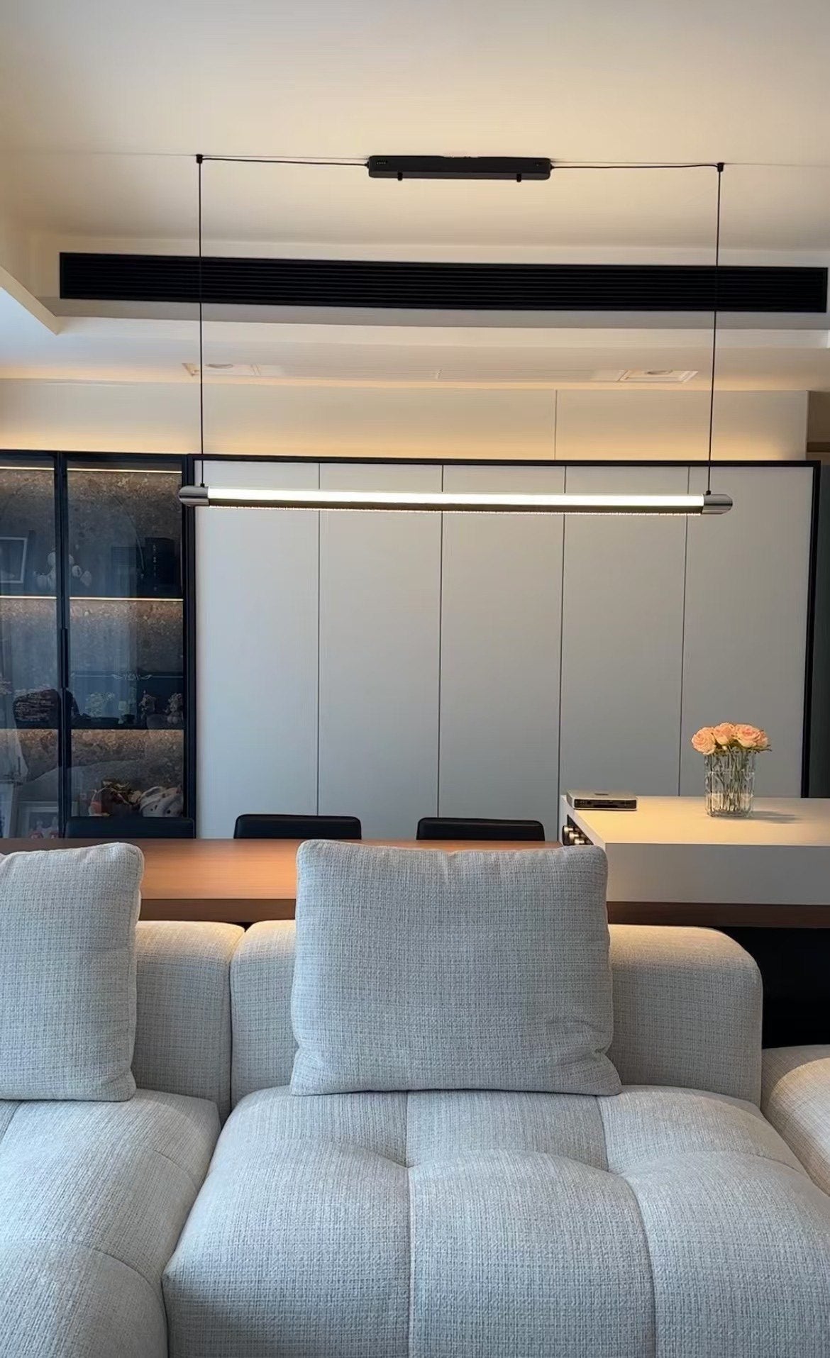 Pendant Light Metal Linear 35 in Adjustable Kitchen Dining Room LED Remote Dimmable Modern Ceiling Fixture | Thomler