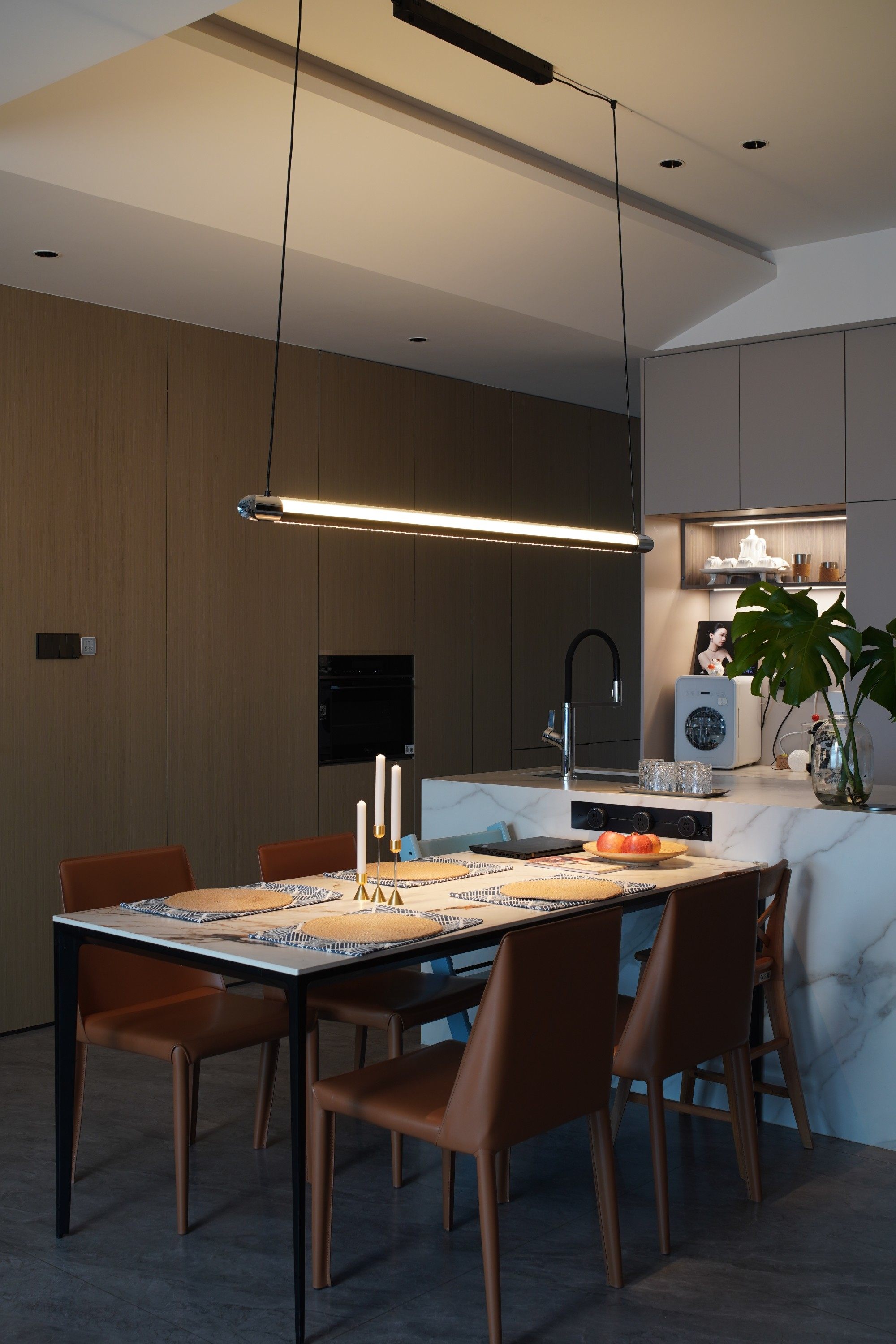 Pendant Light Metal Linear 35 in Adjustable Kitchen Dining Room LED Remote Dimmable Modern Ceiling Fixture | Thomler