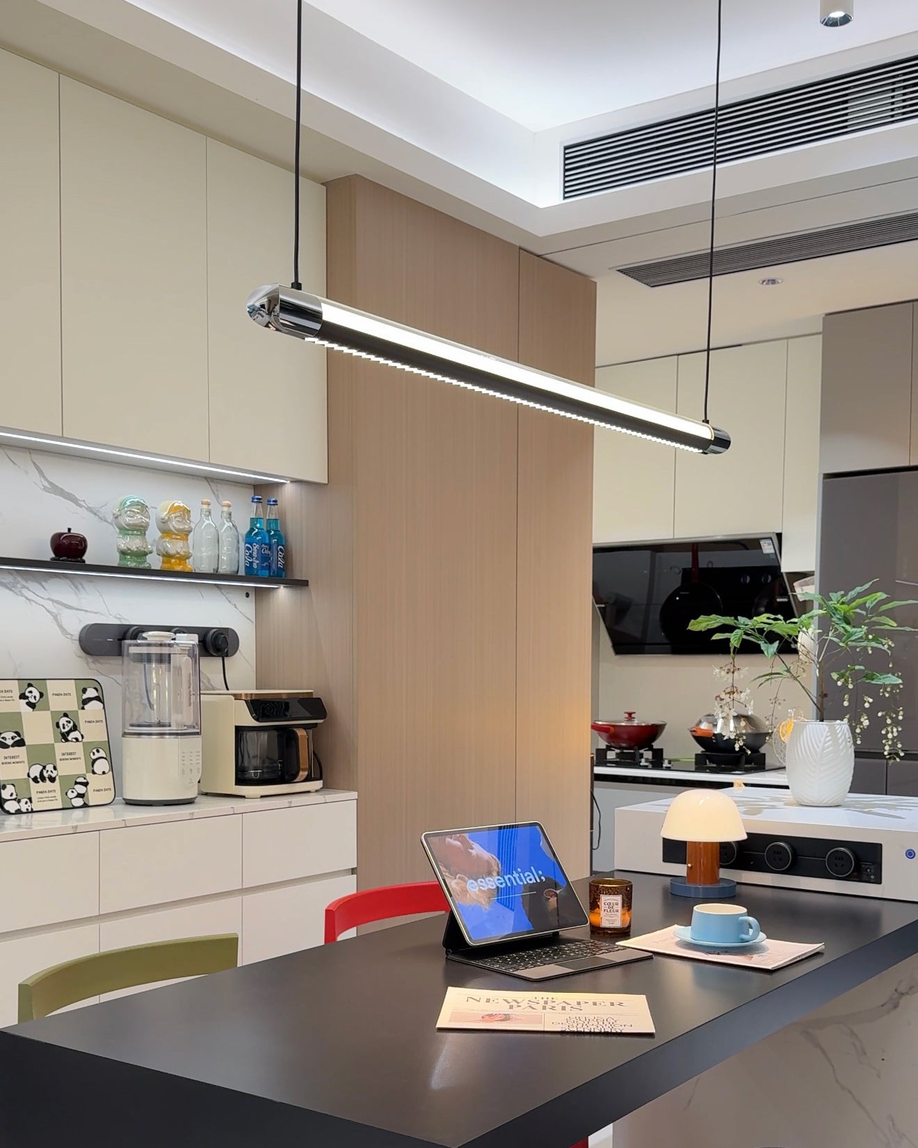 Pendant Light Metal Linear 35 in Adjustable Kitchen Dining Room LED Remote Dimmable Modern Ceiling Fixture | Thomler