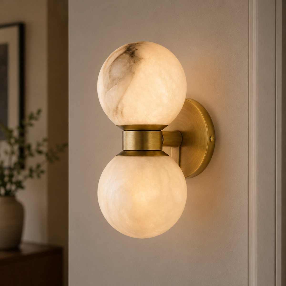 Twin Stone Globe Sconce – Polished Gold Bracket with Natural Marble Shades for Bedroom & Hallway | Thomler
