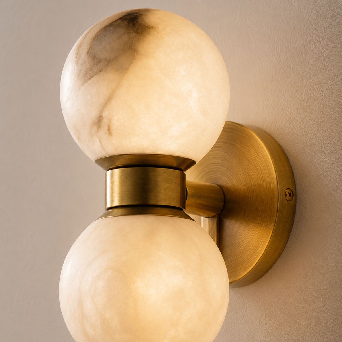 Twin Stone Globe Sconce – Polished Gold Bracket with Natural Marble Shades for Bedroom & Hallway | Thomler