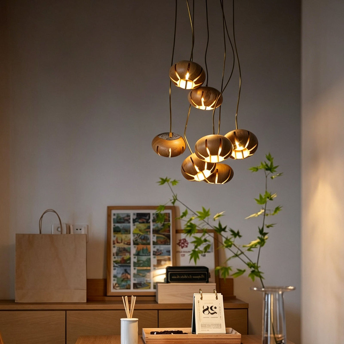 Natural Wood Multi-Pendant Ceiling Light with Cluster Sphere Design for Dining Room & Living Room | Thomler