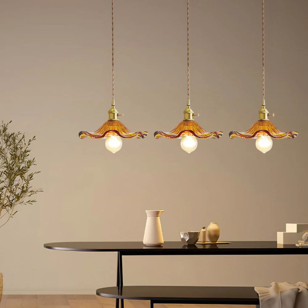 Pendant Light Glass Brass Flower Shade 23.0 cm Green Dining Room Bedroom Hanging Ceiling Lamp Retro Vintage Decorative | Thomler