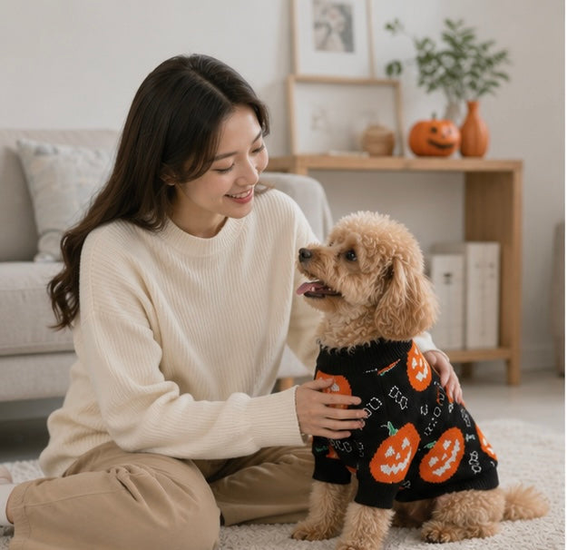 Festive Jack-O'-Lantern Knit Pullover for Dogs & Cats – Soft Seasonal Outfit for Small Pets | Thomler