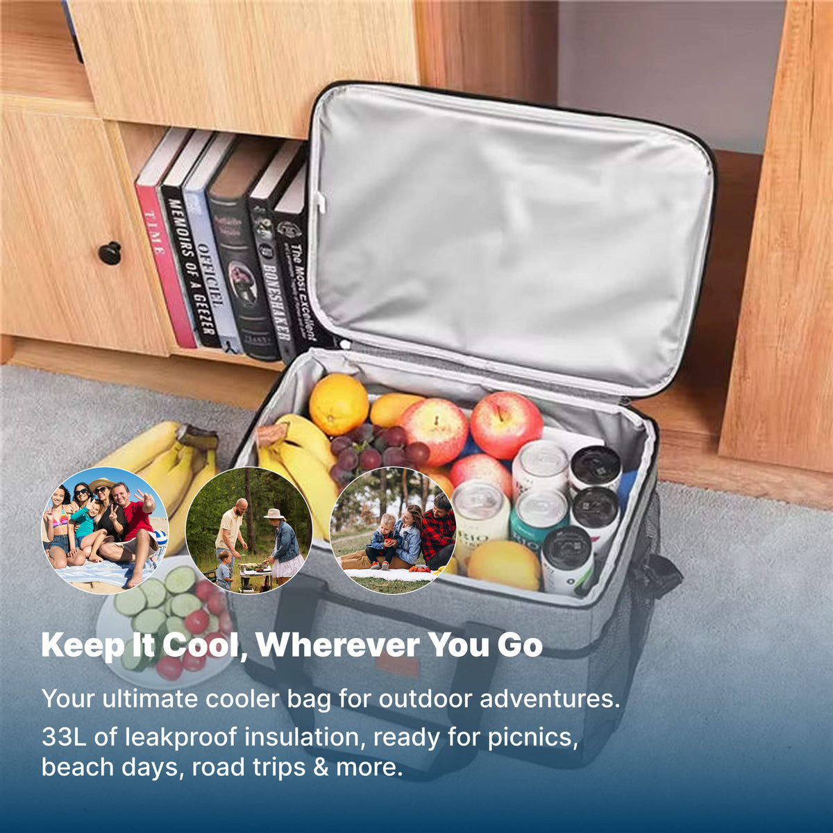 Large 33-Liter Insulated Cooler Tote with Leak-Proof Lining for Camping, Tailgating, Road Trips & Family Outings | Thomler