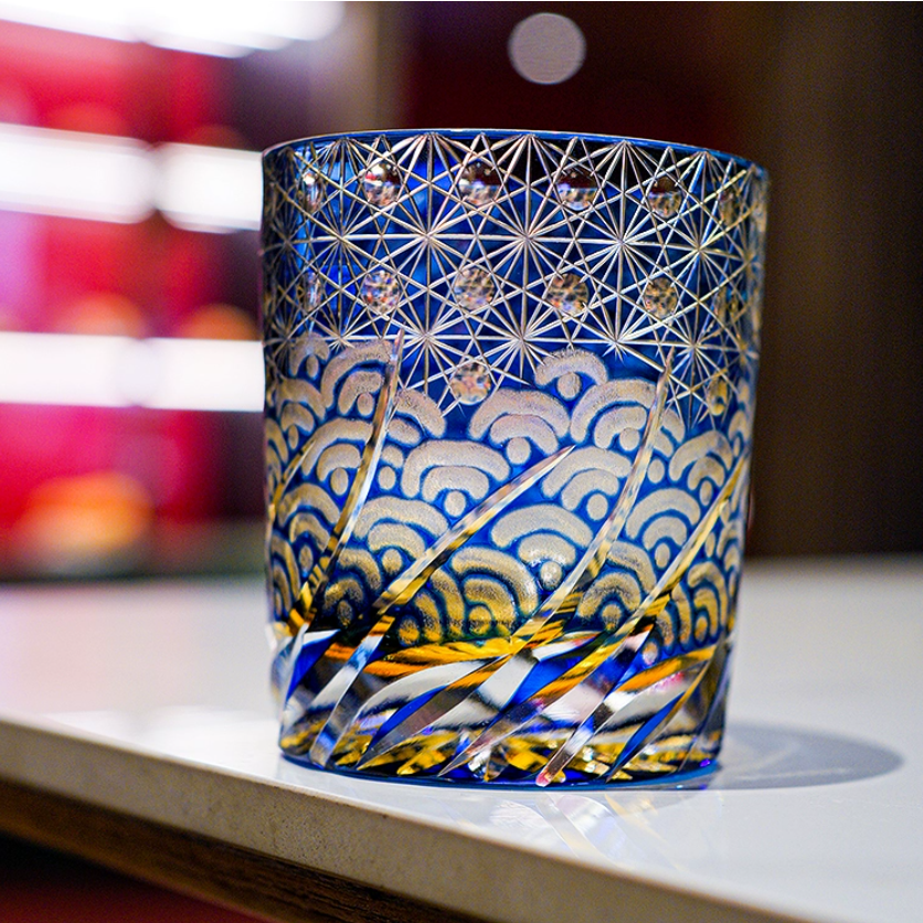 Whiskey Glass Handmade Cut Glass Blue Amber Japanese Whisky Tumbler Gift Collectible Barware Wooden Box | Thomler