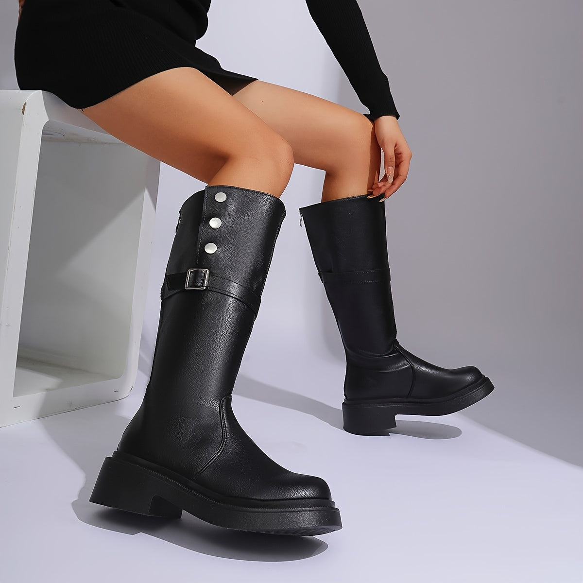 Women's Knee-High Boots with Block Heel & Buckle Accent – Round Toe Synthetic Leather Boots for Fall, Winter & Year-Round Wear | Thomler