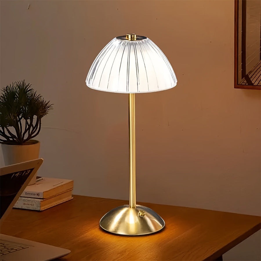 Rechargeable Touch LED Accent Lamp with Ribbed Glass Shade – Cordless Bedside Light for Nightstand, Dining Table, Restaurant – 3 Color | Thomler