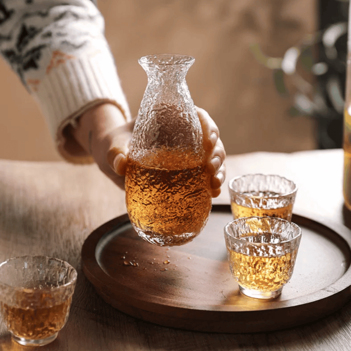 Japanese-Style Glass Decanter & Tumbler Set for Liquor – 6-Piece Barware Collection with Ice Pail | Thomler
