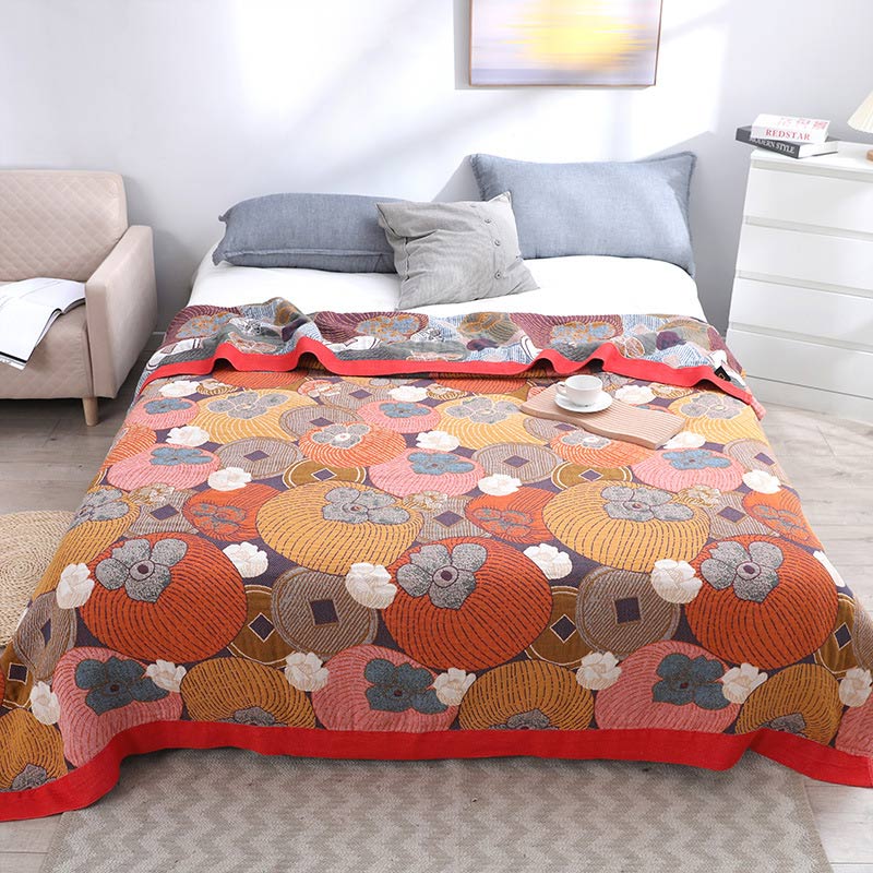 Reversible Cotton Gauze Quilt with Persimmon Pattern - Lightweight Summer Blanket for Bed, Sofa & Travel - Queen, King & Full Sizes | Thomler