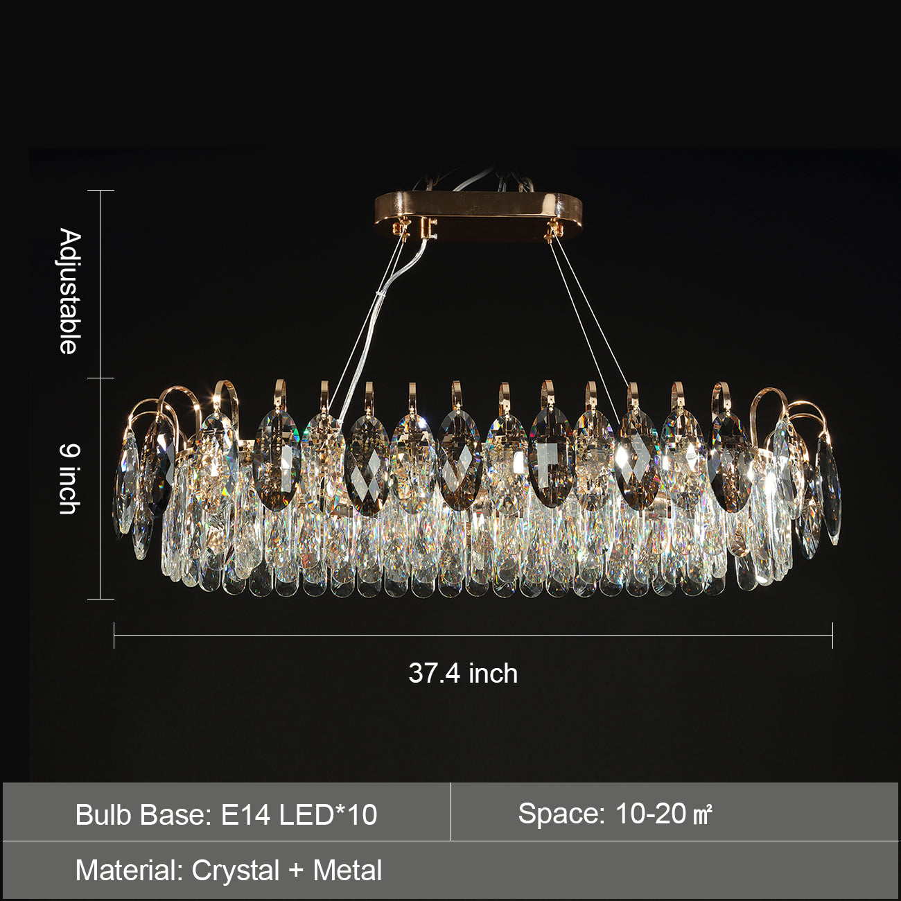 Dimmable Crystal Chandelier for Dining Room & Living Room – Adjustable Chain, Faceted Prisms, Multiple Sizes – Round & Rectangle | Thomler