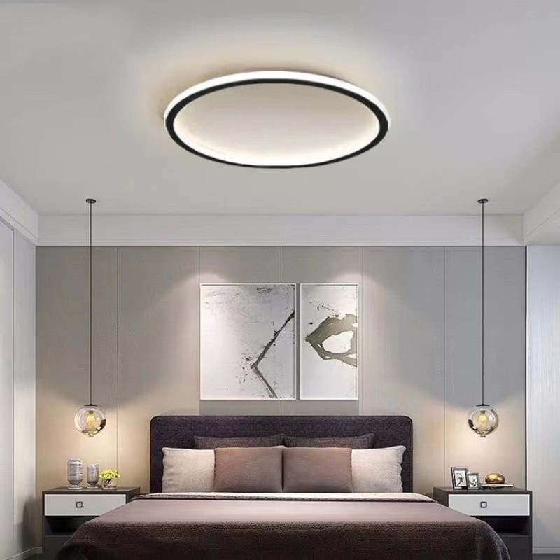 Dimmable Round LED Flush Mount Ceiling Light for Bedroom Living Room | Black White Metal Acrylic | Indoor Hardwired 12-20 Inch Fixture | Thomler