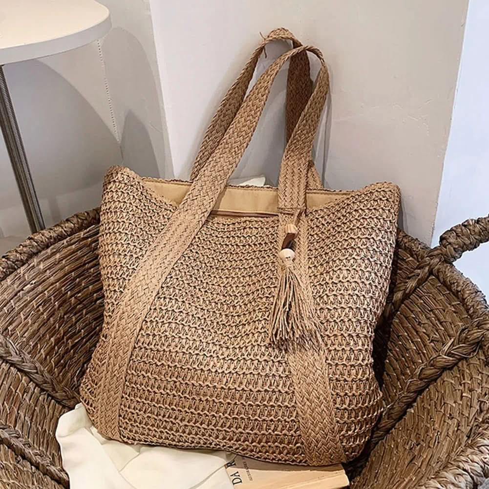 Handcrafted Natural Straw Shoulder Bag with Tassel – Roomy Beach Tote for Women, Lightweight Boho Handbag for Travel, Vacation & Daily | Thomler