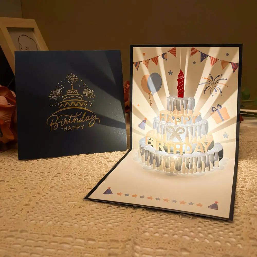Musical Pop-Up Birthday Card with LED Candle Light | 3D Laser-Cut Cake Design Greeting Card | Sound & Light Keepsake Gift Card for Him or | Thomler