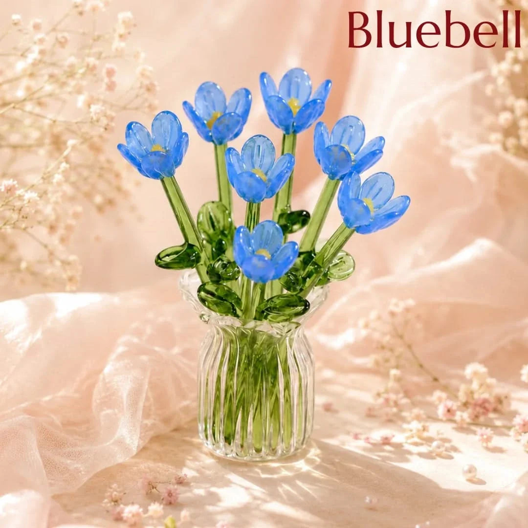 Handblown Glass Flower Display – 7-Bloom Arrangement with Mini Vase – Forever Florals for Shelves & Tabletops | Thomler
