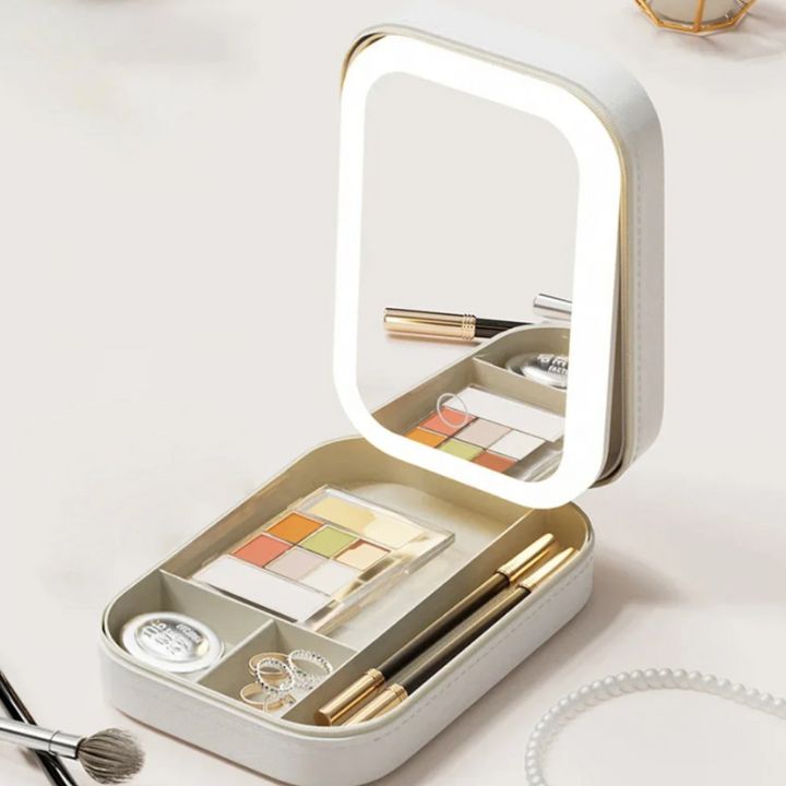 Lighted Makeup Travel Case with LED Mirror & Organizer Compartments for Beauty Products, Cosmetics Storage, On-the-Go Touch-Up Kit | Thomler