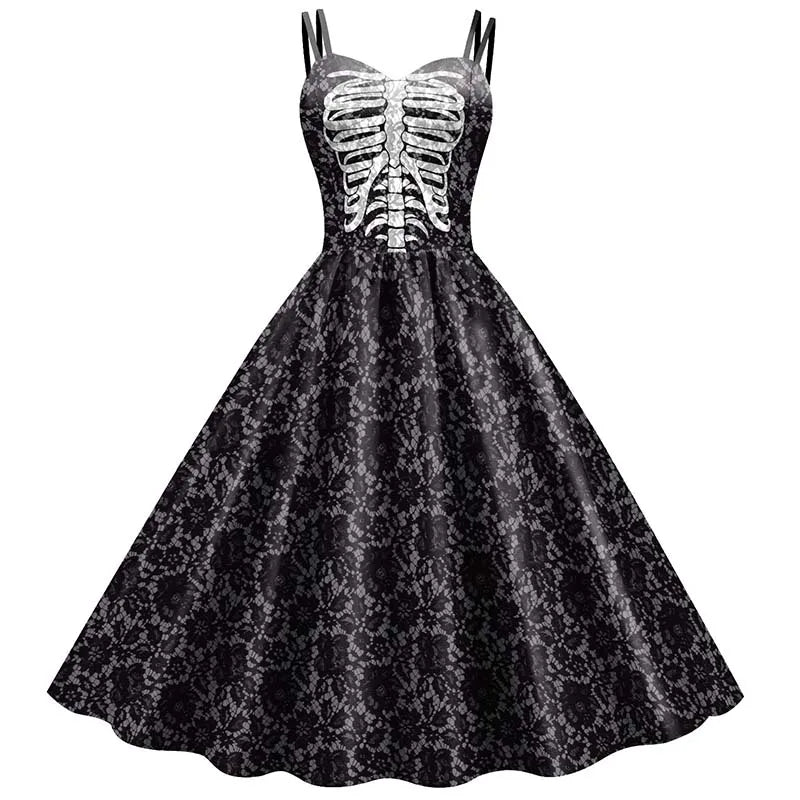 Gothic Rose & Skeleton Print Dress – Rockabilly Halloween Costume for Women | Thomler