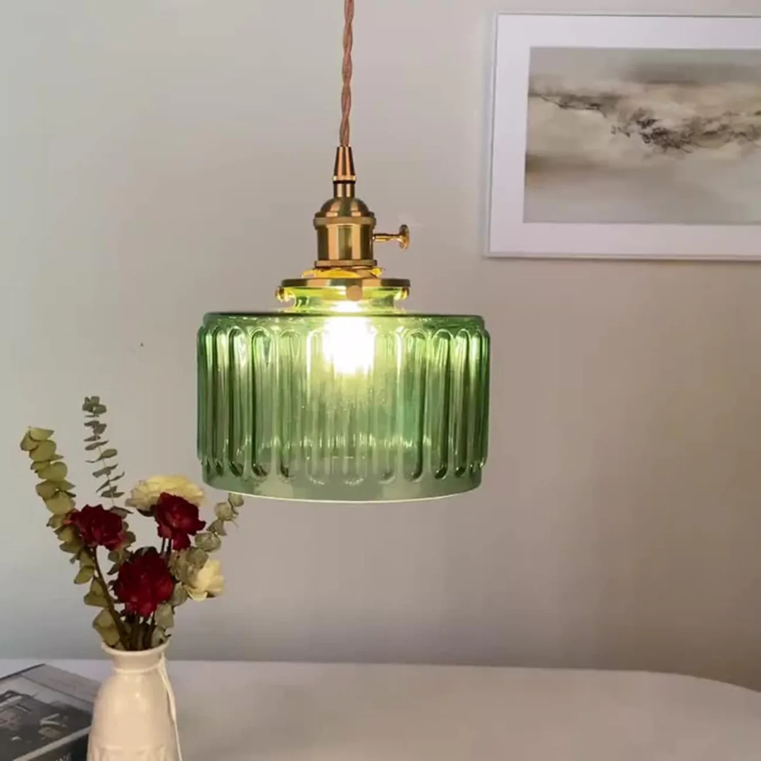 Pendant Light Ribbed Glass E27 Green Adjustable 150.0 cm Dining Room Kitchen Island Hanging Ceiling Lamp | Thomler