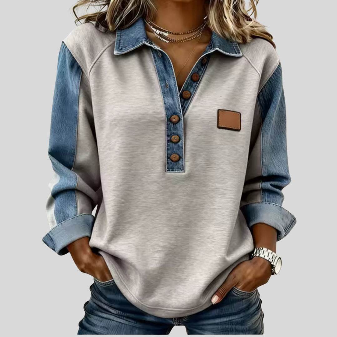 Men's Heathered Polo Sweatshirt with Contrast Chambray Sleeves & Collar – Hybrid Button-Front Top | Thomler