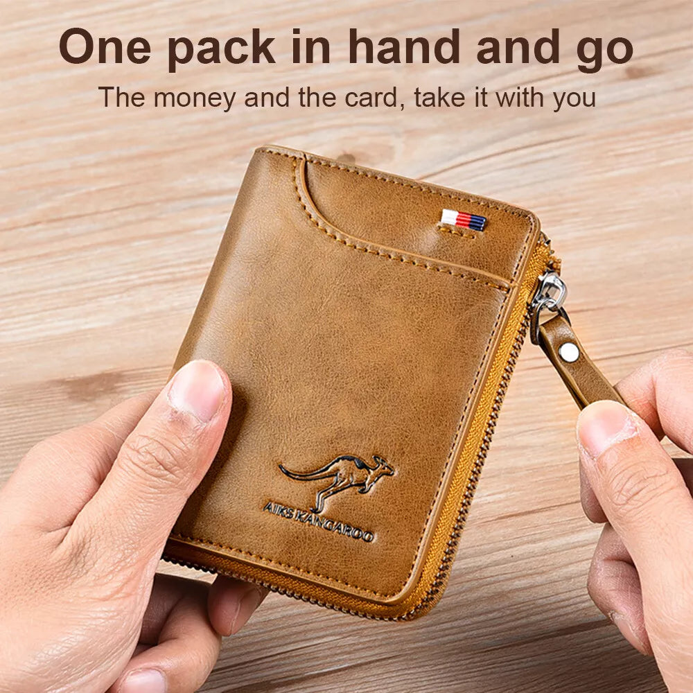 Zipper Bifold Wallet with RFID Protection 14 Card Slots Cash Pocket Vintage Leather for Men Daily Carry Travel Organization | Thomler