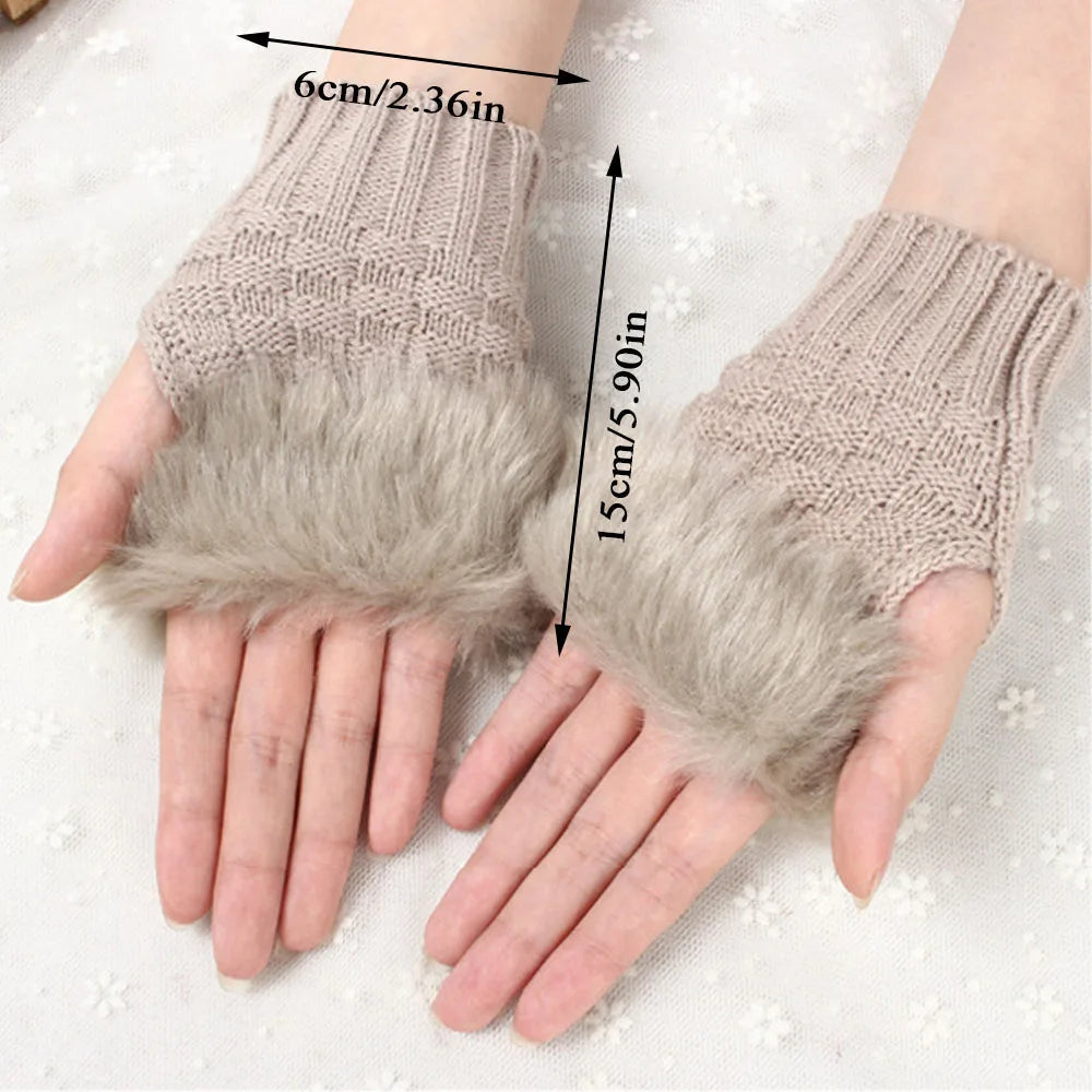 Soft Knit Fingerless Hand Warmers with Plush Faux Rabbit Fur Trim for Women – Stretchy Half-Finger Mittens for Texting & Typing in Cold | Thomler