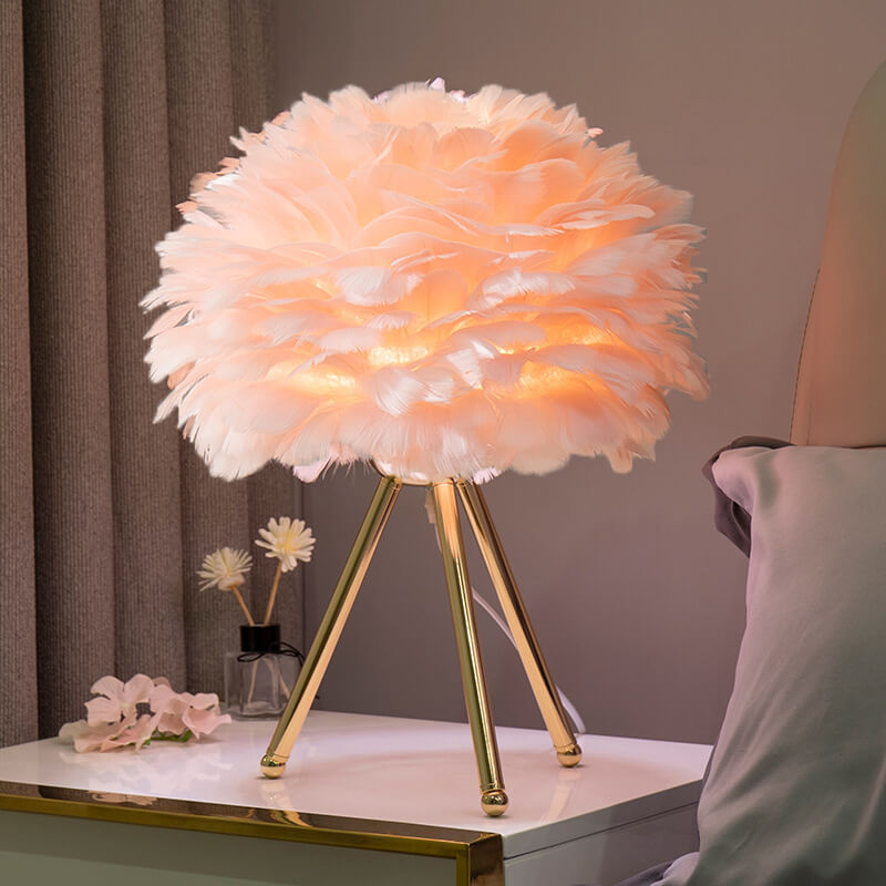 Plume Shade Accent Lamp with Gold Three-Leg Stand – Natural Texture for Bedroom, Desk & Nursery Vanity | Thomler