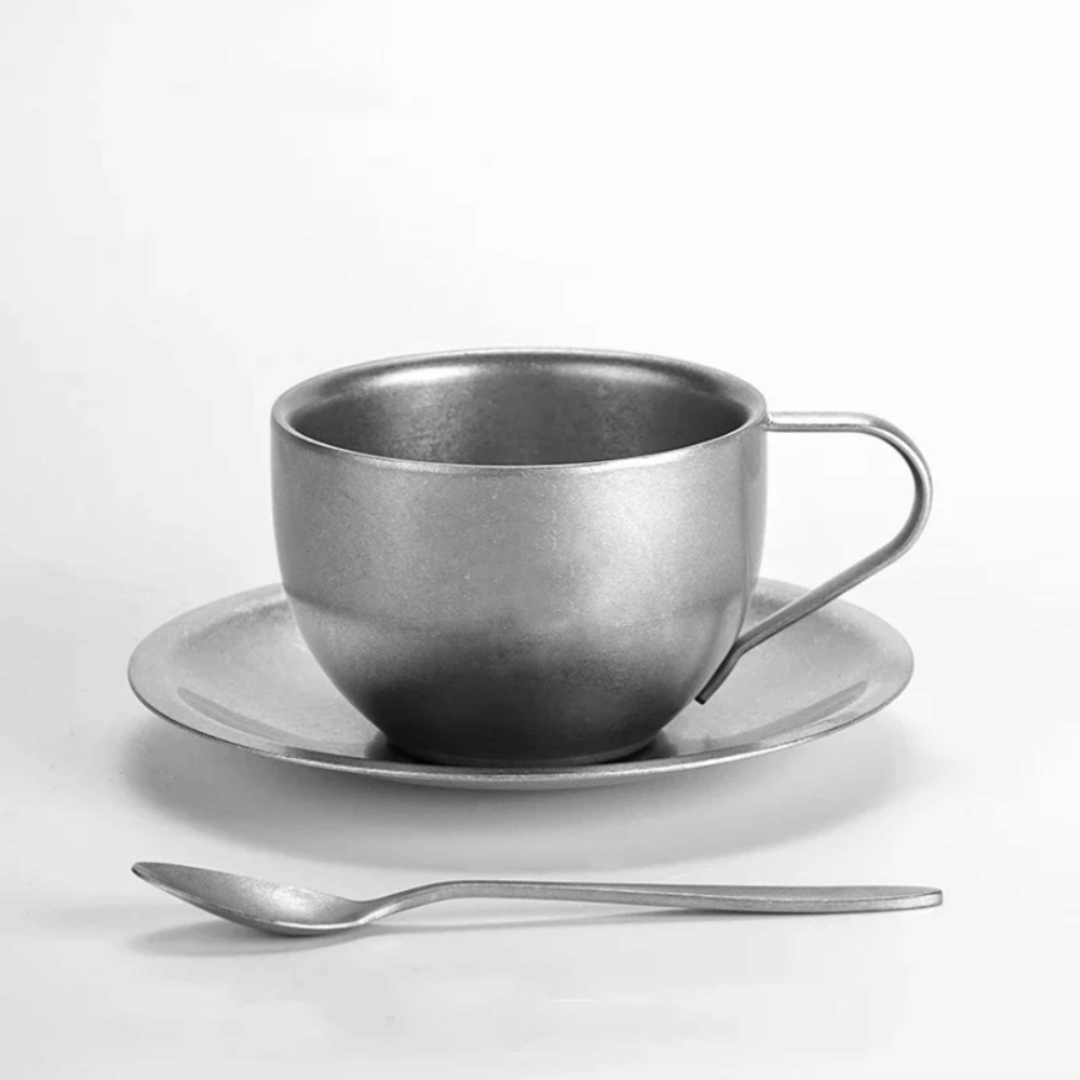 Stainless Steel Double-Wall Coffee Mug with Saucer & Spoon – Insulated Metal Espresso Cup for Hot Drinks, Kitchen Drinkware Set | Thomler