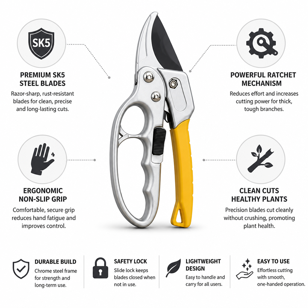 Ratchet Pruning Shears with SK5 Steel Blade & Non-Slip Ergonomic Handle for Garden Pruning | Thomler
