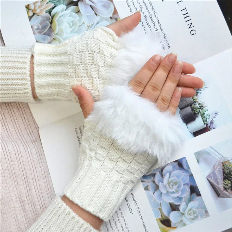 Soft Knit Fingerless Hand Warmers with Plush Faux Rabbit Fur Trim for Women – Stretchy Half-Finger Mittens for Texting & Typing in Cold | Thomler