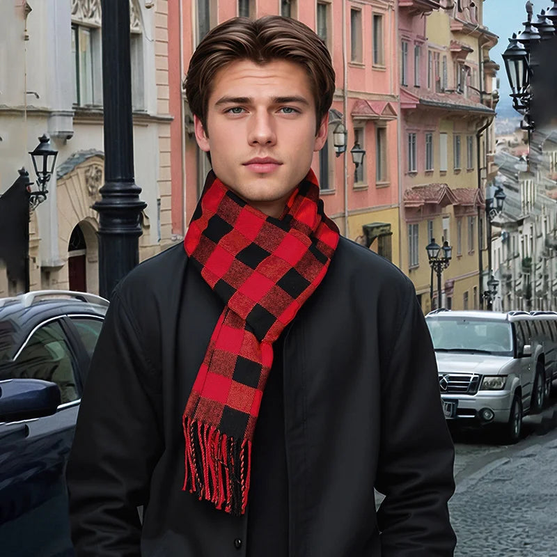 Men's Checkered Cotton-Cashmere Blend Cold-Weather Muffler – Soft, Cozy Neckwear with Tassel Fringe for Winter, Fall & Spring | Thomler