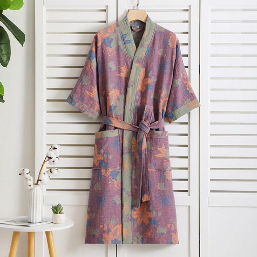 Cotton Gauze Robe with Vintage Print – Lightweight Breathable Loungewear for Women | Soft Double-Layer Spa Robe for Home Relaxation | Thomler
