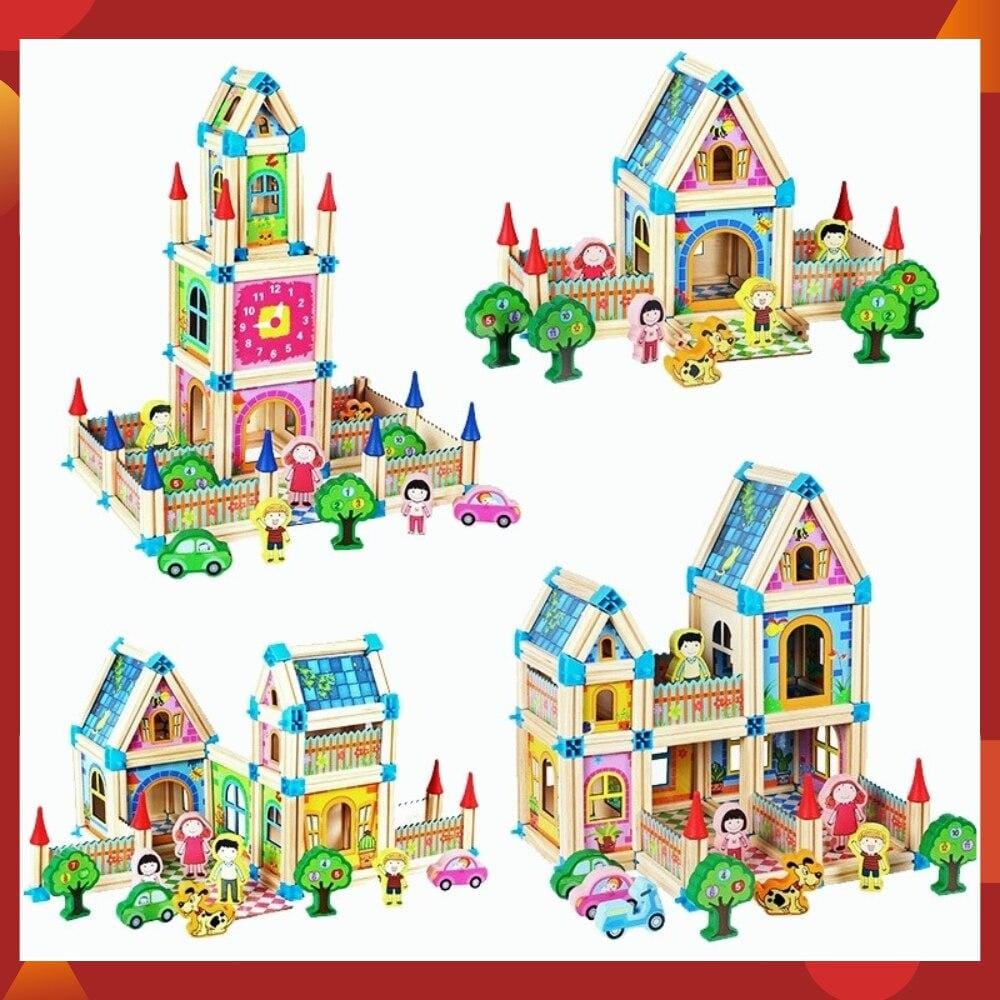 Wooden Modular Dollhouse Construction Set – Creative Building Activity for Kids Age 2+ with Architectural Pieces, Doors & Windows | Thomler