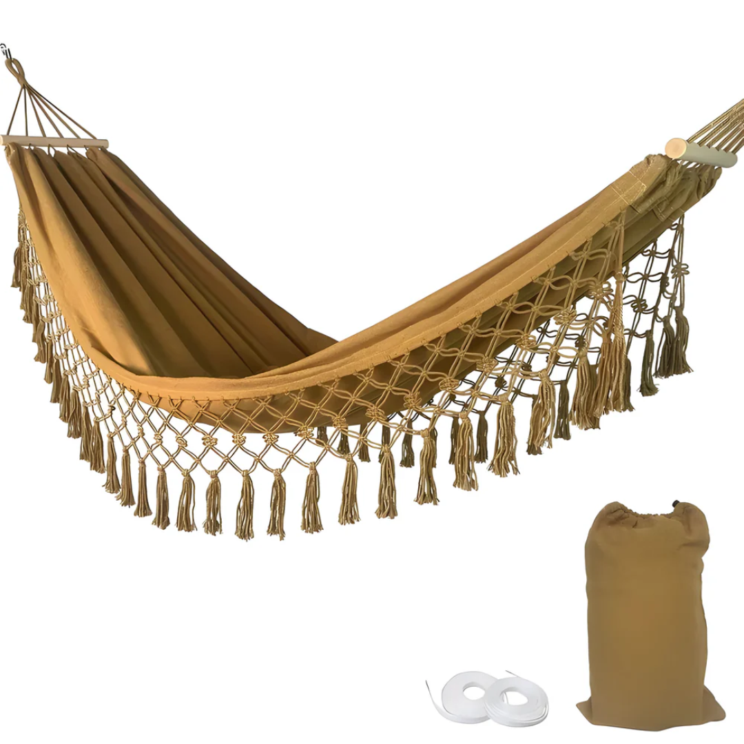 Cotton-Blend Hammock with Wood Spreader Bar for Patio, Yard & Balcony – Boho Lounge Swing | Thomler